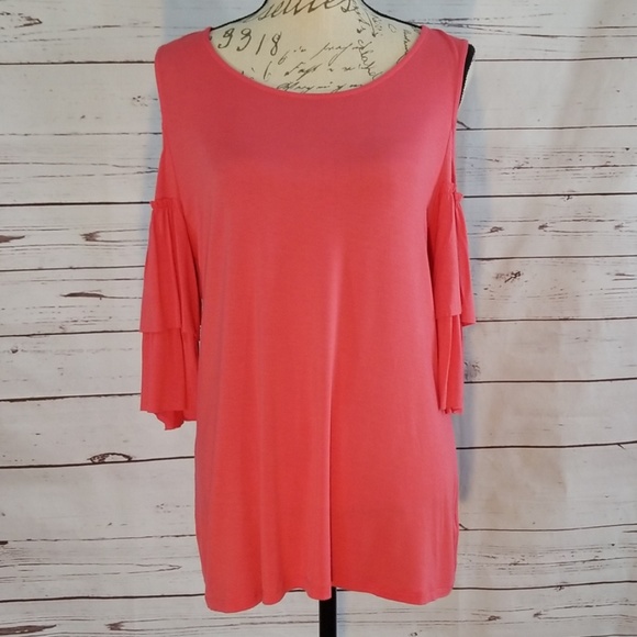 NWOT INC Coral Cold Shoulder Ruffled Sleeve Top - Picture 2 of 8